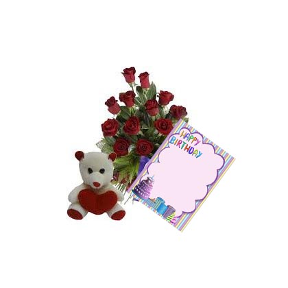 6 Red Roses Bunch , 1 Teddy Bear and Greeting Card