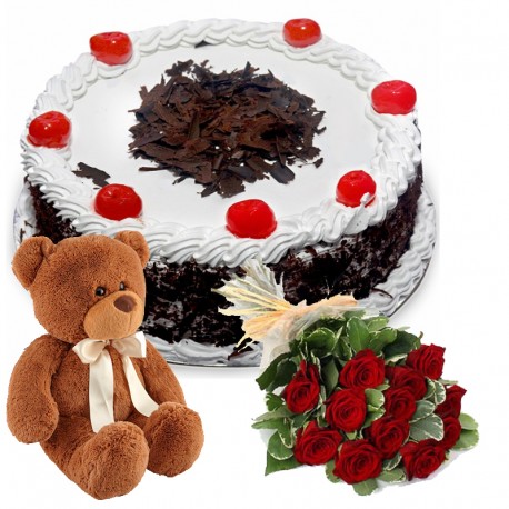 Black Forest Cake , 6 Roses and Teddy