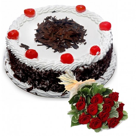 Black Forest Cake with 6 Roses