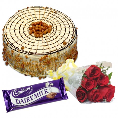 Butter Scotch Cake, 6 Roses and Chocolates
