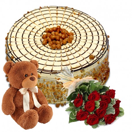 Butter Scotch Cake, 6 Roses and Teddy