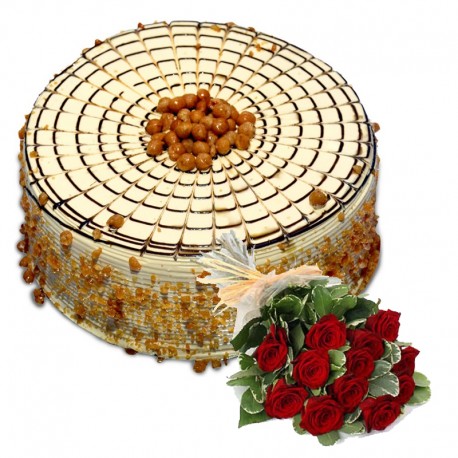 Butter Scotch Cake with 6 Roses