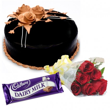Chocolate Truffle Cake , 6 Roses and Chocolates