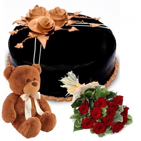 Chocolate Truffle Cake , 6 Roses and Teddy