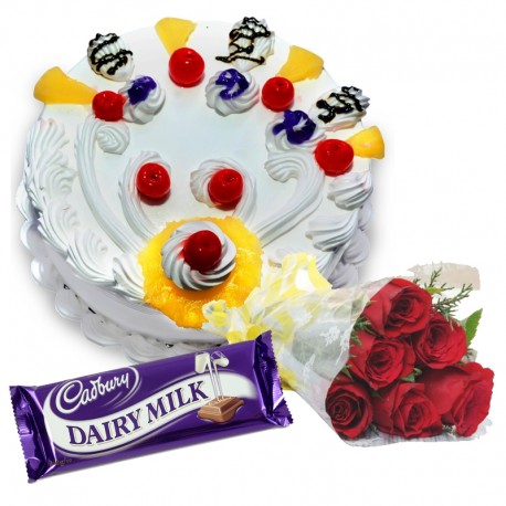 Pineapple Cake , 6 Roses and Chocolates
