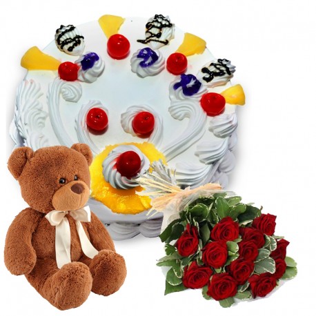 Pineapple Cake , 6 Roses and Teddy