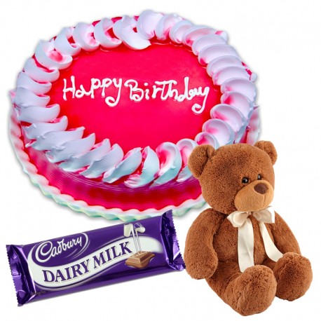 Strawberry Cake with Chocolates and Teddy