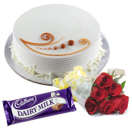 Vanilla Cake , 6 Roses and Chocolates