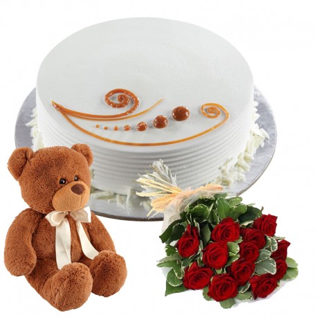 Vanilla Cake , 6 Roses and Teddy